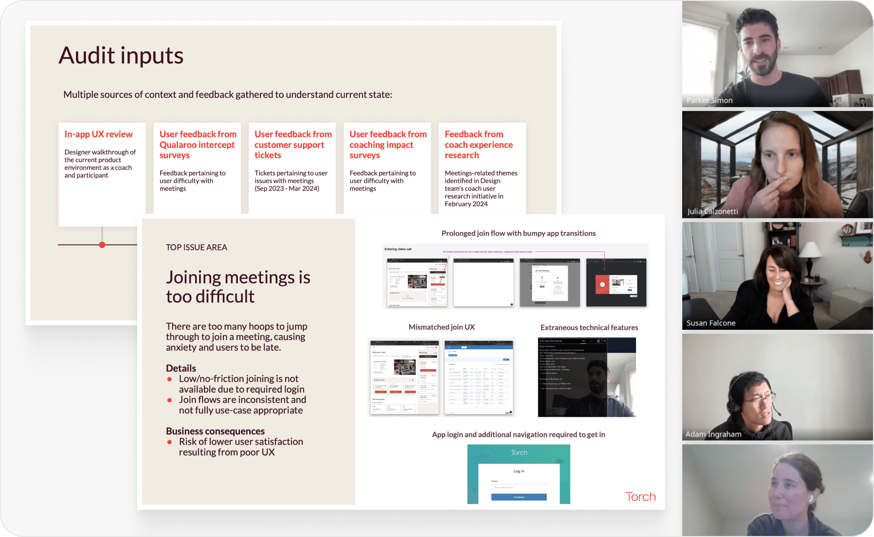 Collage of meeting slides and team members, reflecting cross-functional collaboration.