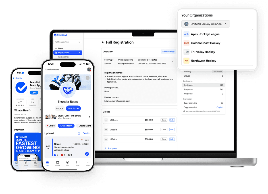 TeamLinkt multi-location sports management platform displayed across mobile, tablet, and laptop devices