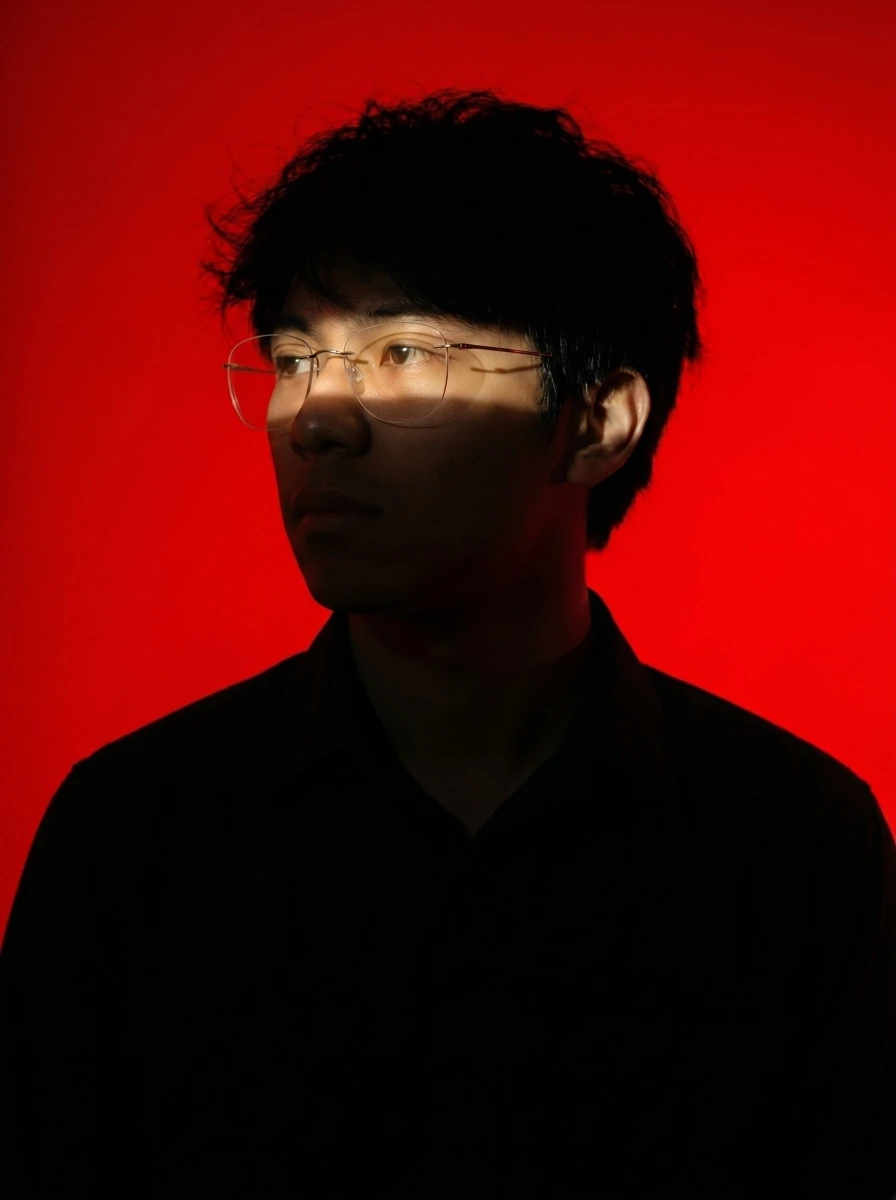 Portrait of Neo, designer and developer, with glasses set against a high-contrast red background