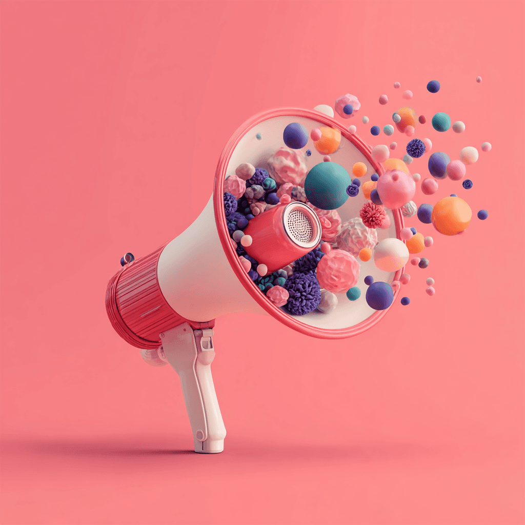 A megaphone releasing colorful shapes, representing creative storytelling and brand messaging.