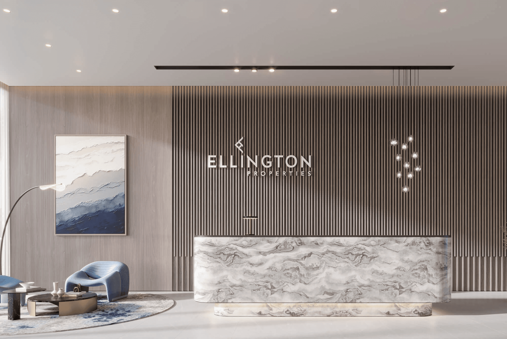 A modern lobby features a luxurious marble reception desk, a textured wooden panel wall with sleek lighting fixtures, and elegant seating area with abstract art, offering a sophisticated atmosphere.