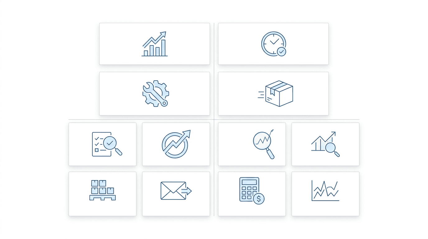 Ten KPI cards representing cases per FTE, intake conversion, cost, win rate, average fee, time to resolution, compliance, satisfaction, utilization, and revenue by stage