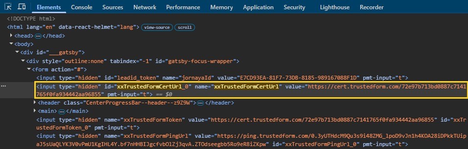 Chrome DevTools, Elements panel, on the autopolicyguru.com quote form: the search for xxTrustedFormCertUrl highlights the hidden field holding a cert.trustedform.com certificate URL
