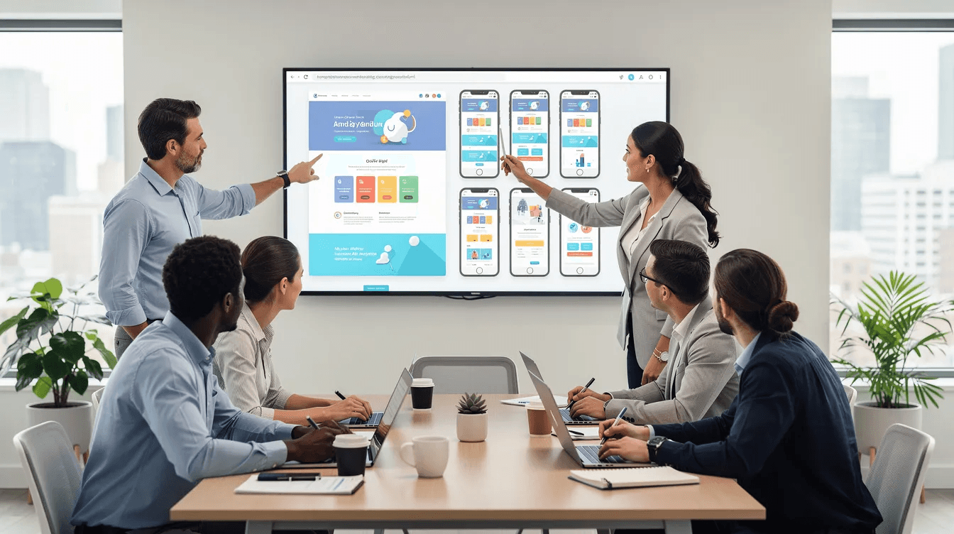 A professional team is gathered around a large screen in a modern office, reviewing website layouts as part of their web design and development process. The atmosphere reflects collaboration and creativity, showcasing their expertise in delivering high-performance websites and digital experiences for clients.