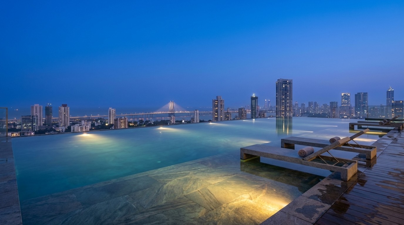 Infinity swimming pool at Prestige Vaishnaoi Rainbow Waters, Gachibowli, with panoramic views of Malkam Cheruvu Lake at golden hour