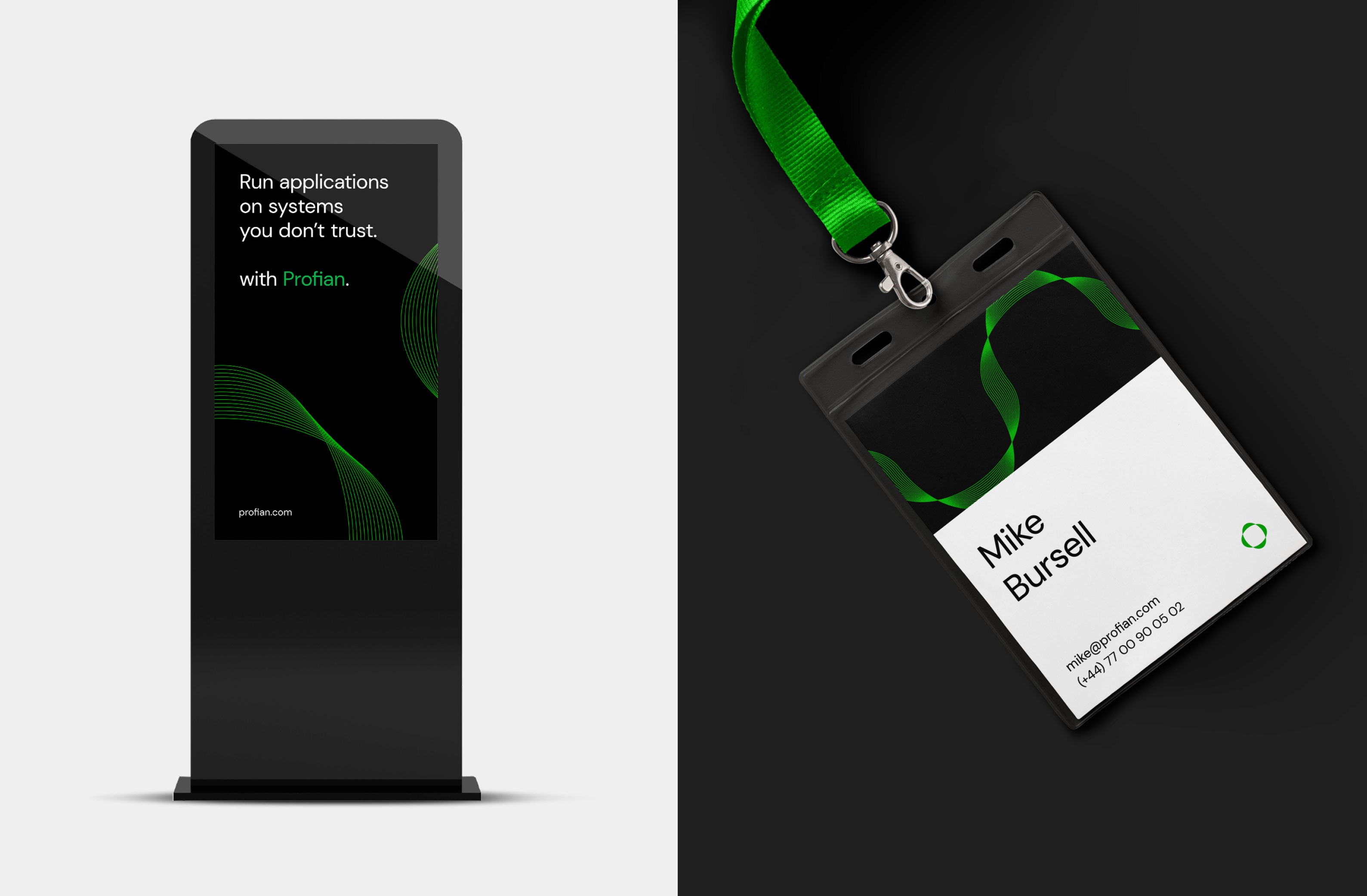 Digital advertisement display encouraging application security with Profian, alongside a personalized ID badge for Mike Bursell.