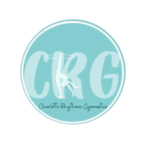 Carolina Rhythmic Gymnastics Center logo that shows CRG letters on an aqua blue background with a gymnast performing complex element as part of the letters