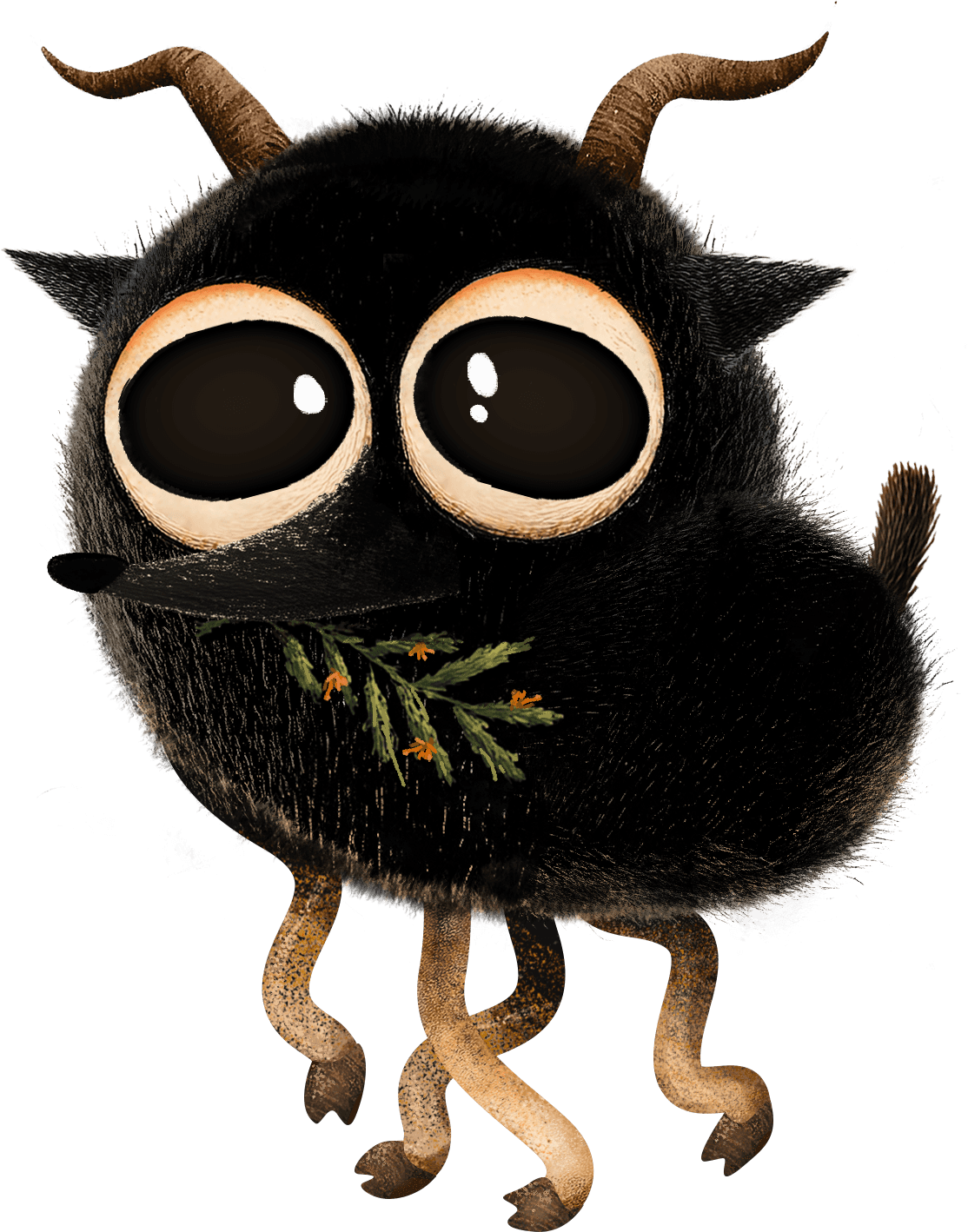 a black fluffy creature with foat eyes, eating a leaf