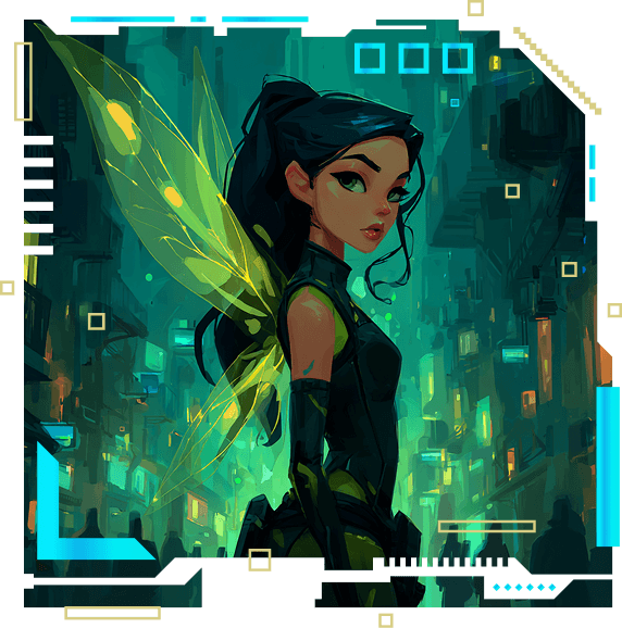 A dark UI card titled 'Everlight Spark' featuring an anime-style illustration of a fairy character with blonde hair and glowing green wings encased in a high-tech holographic frame. Next to her is a separate neon interface showing a weapon profile for a '3HNE Shot Gun' with a '12M Range' stat indicator and digital crosshairs