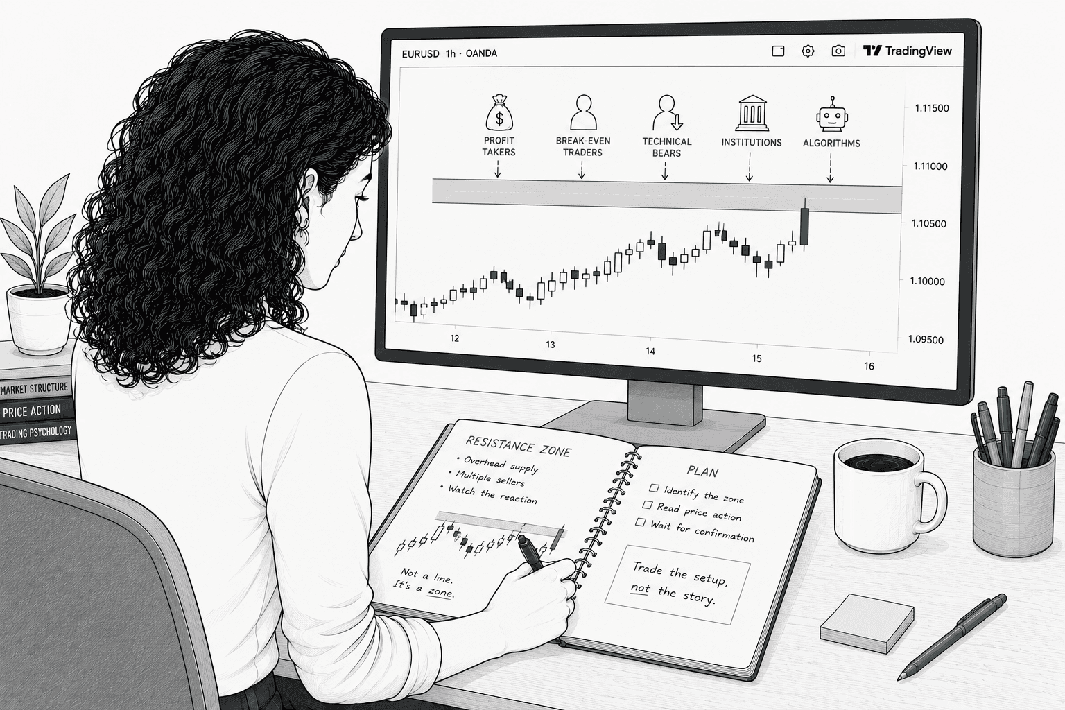 Hand-drawn illustration of a woman with shoulder-length dark curly hair studying a TradingView chart showing price approaching a shaded resistance zone. An open notebook beside the keyboard contains sketches of the resistance area and market observations, emphasizing that resistance is about understanding buyer and seller behavior rather than predicting price.