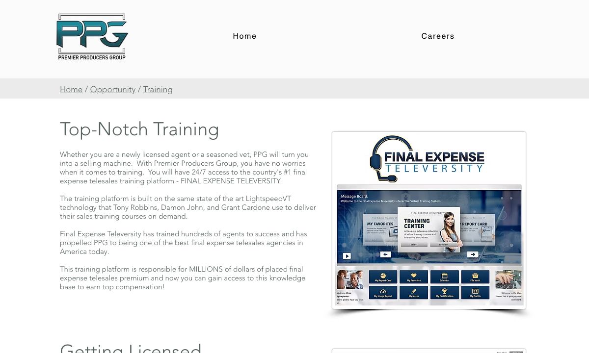 Premier Producers Group official website showing its training offering.