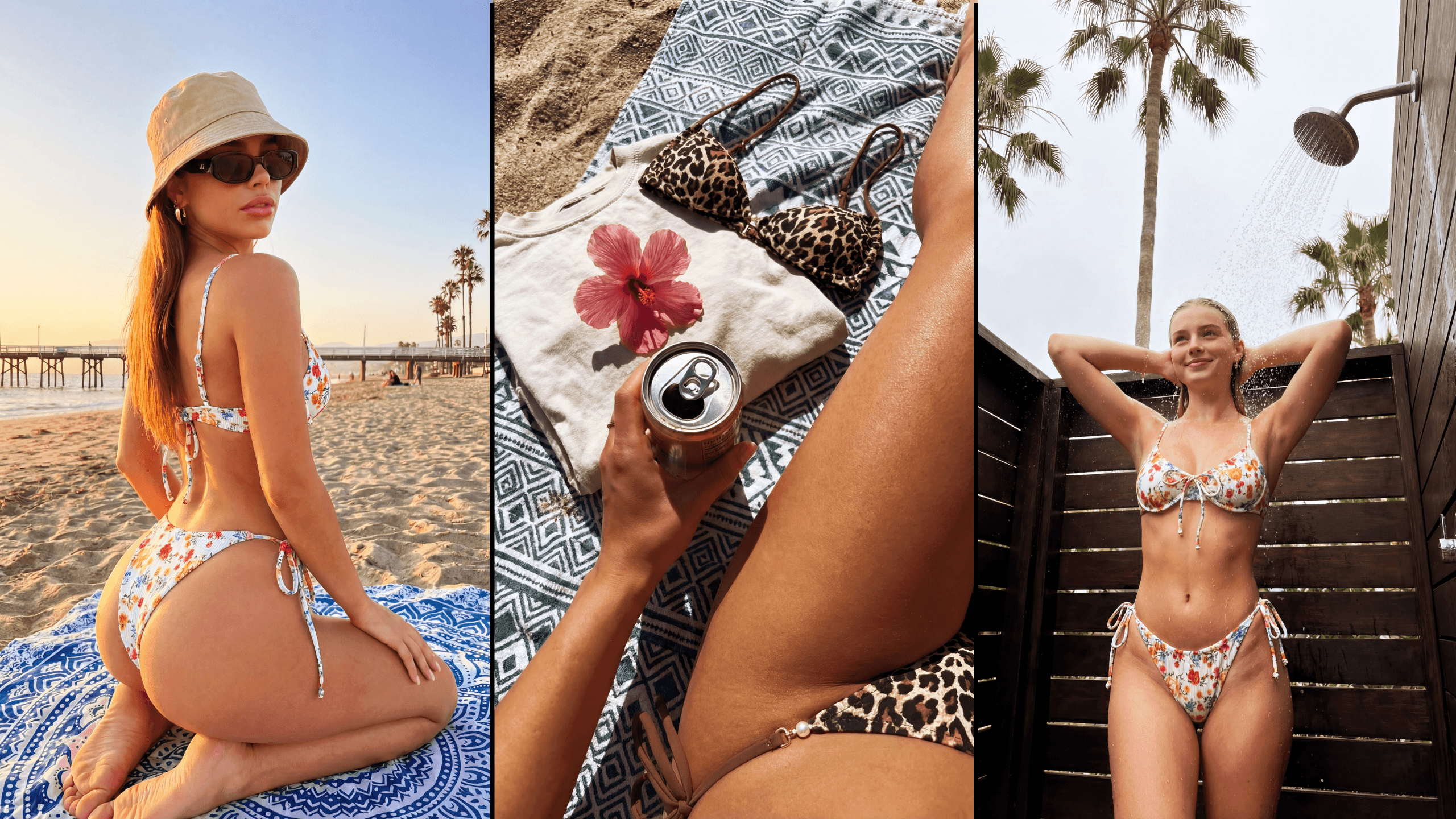 KI-Model inszeniert sommerliches Beachwear-Set am Sandstrand bei Sonnenuntergang, floraler Bikini mit Bucket-Hat und Sonnenbrille, entspannte Pose auf Strandtuch sowie Lifestyle-Detailaufnahme mit Getränkedose und Accessoires, zusätzlich Outdoor-Duschszene unter Palmen – hochwertiger AI-Content für Swimwear-Kampagnen, Summer-Lifestyle-Branding und Social-Media-Werbung.