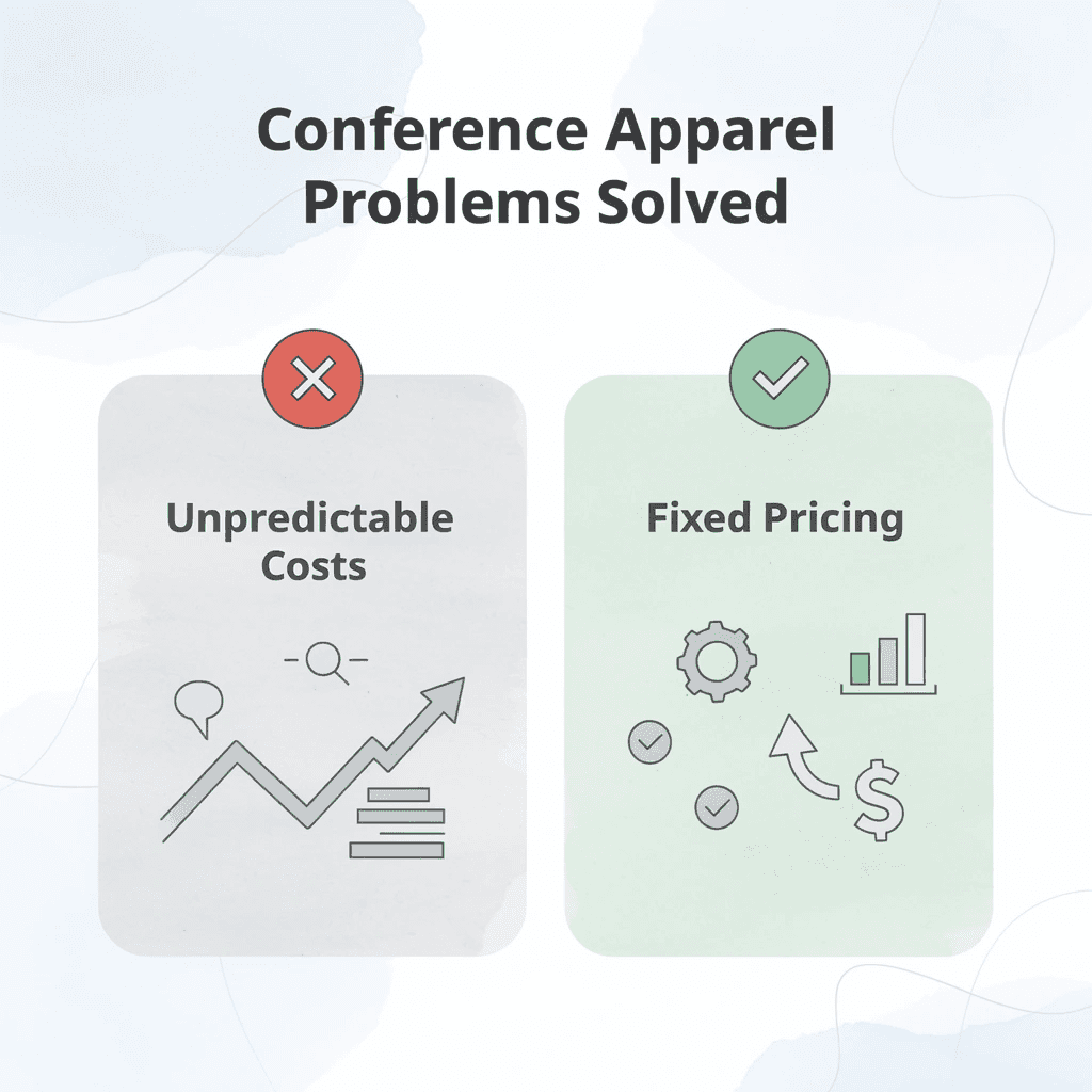 Before and after infographic showing conference apparel problems solved by ooShirts