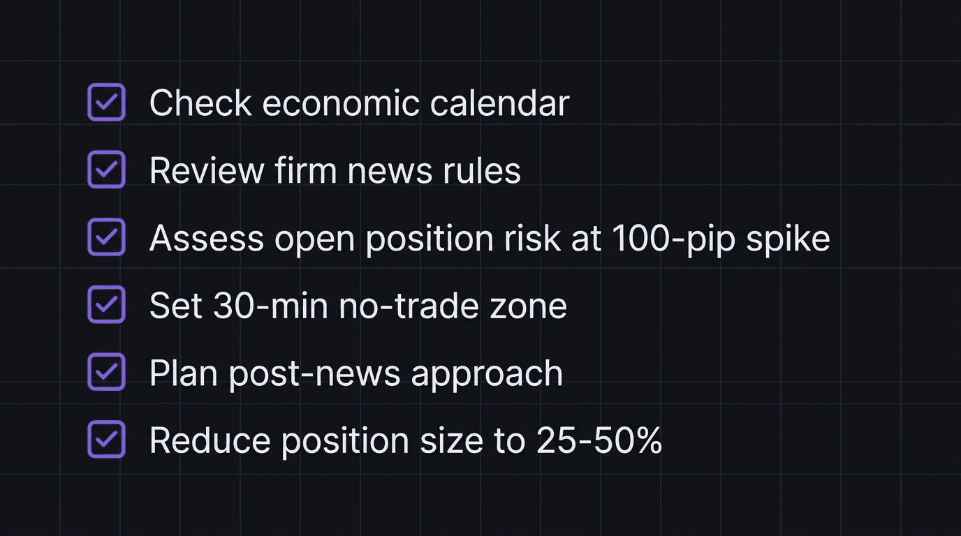 Pre-news checklist for funded traders with six items to complete before any high-impact event