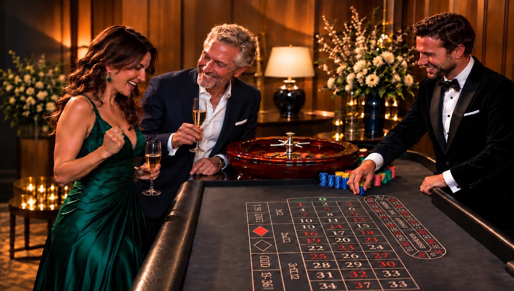 Dame in groen, grijze heer en croupier aan de roulettetafel