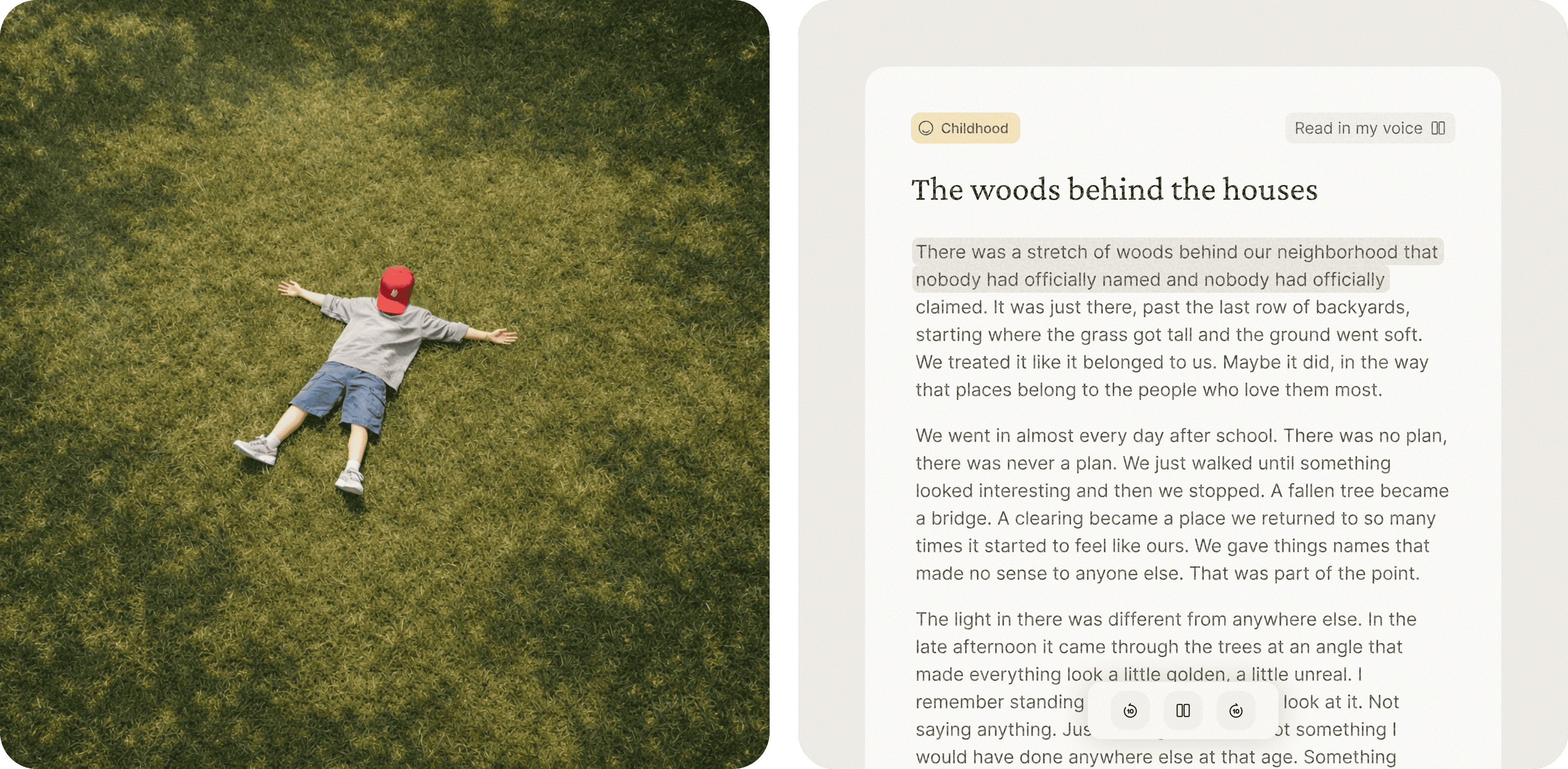 A child lying on green grass, with a white page of text on the right side of the image.