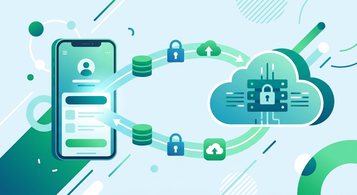 Illustration of a mobile app connected to cloud backend services including database, authentication, and storage
