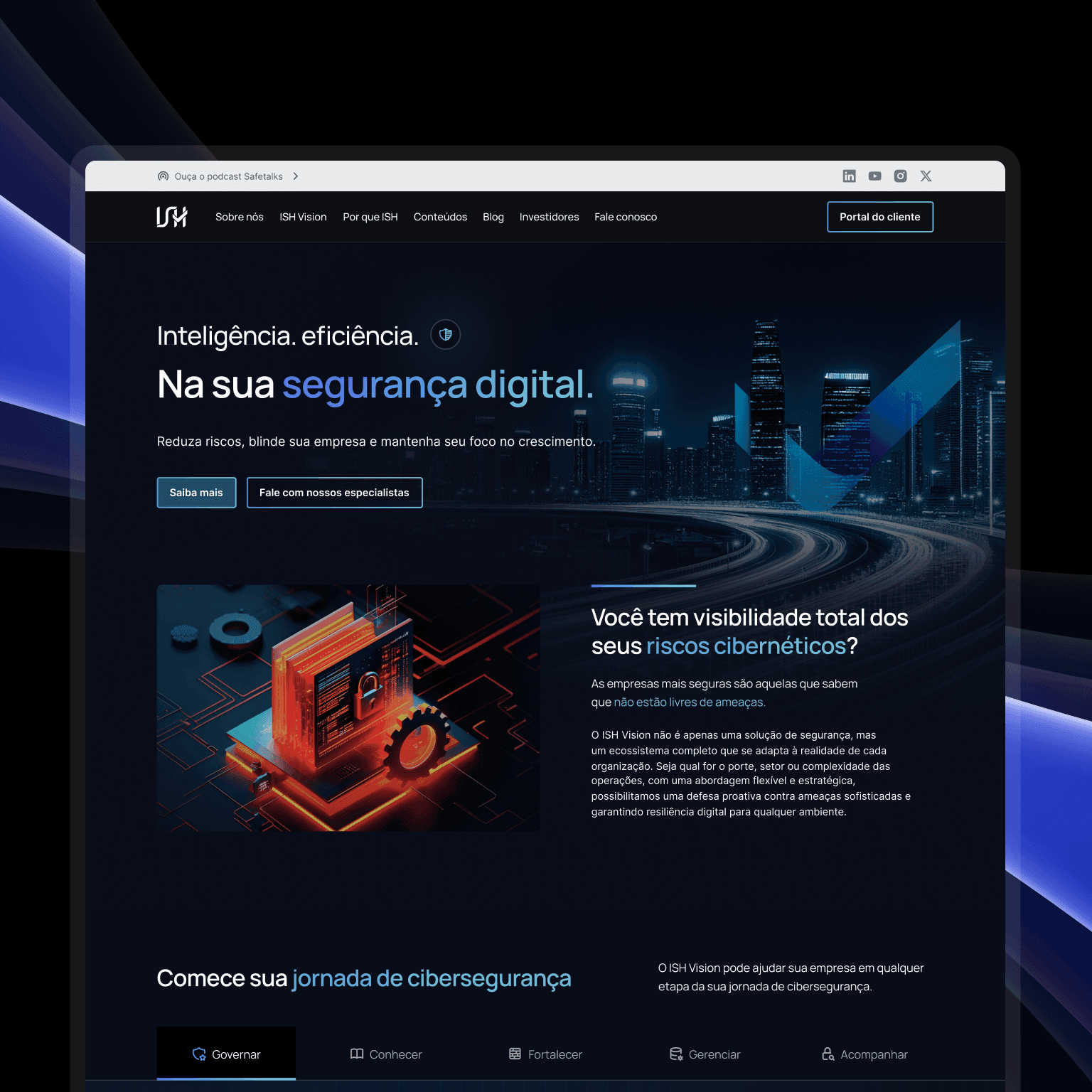 Página inicial do site da ISH com foco em segurança digital e gestão de riscos cibernéticos