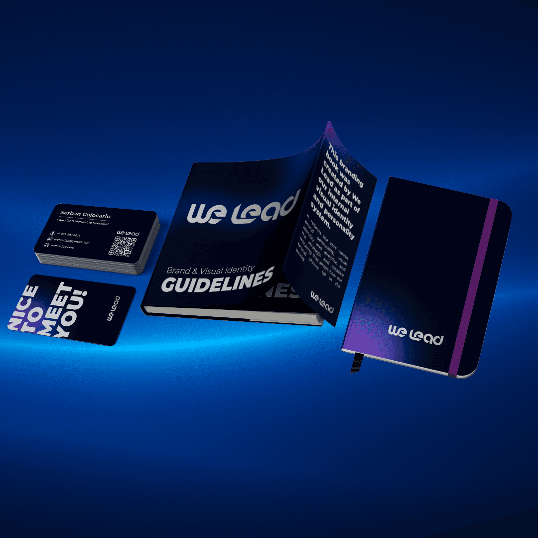We Lead branded stationery and visual identity kit featuring business cards, brand guidelines and a custom notebook design in the brand’s color palette.