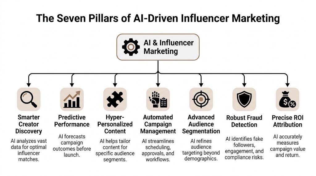 A diagram outlining the seven pillars of AI-driven influencer marketing, ranging from creator discovery to ROI attribution.