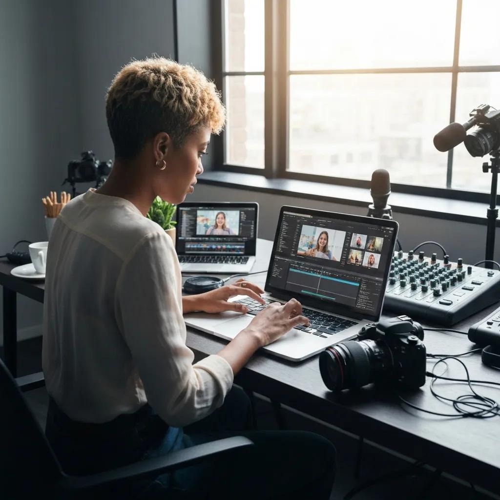 A marketing pro using AI video editing software in a bright creative workspace