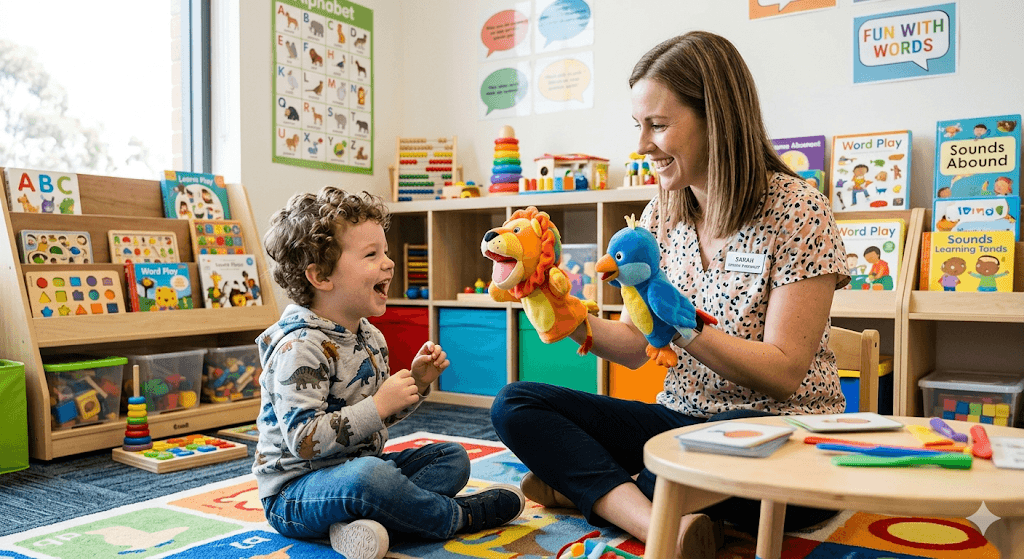 A playful scene of a speech therapist using hand puppets to interact with a young child. The child is laughing and trying to mimic the puppet's mouth movements. Bright, airy clinic room with educational toys in the background. Uplifting and encouraging atmosphere