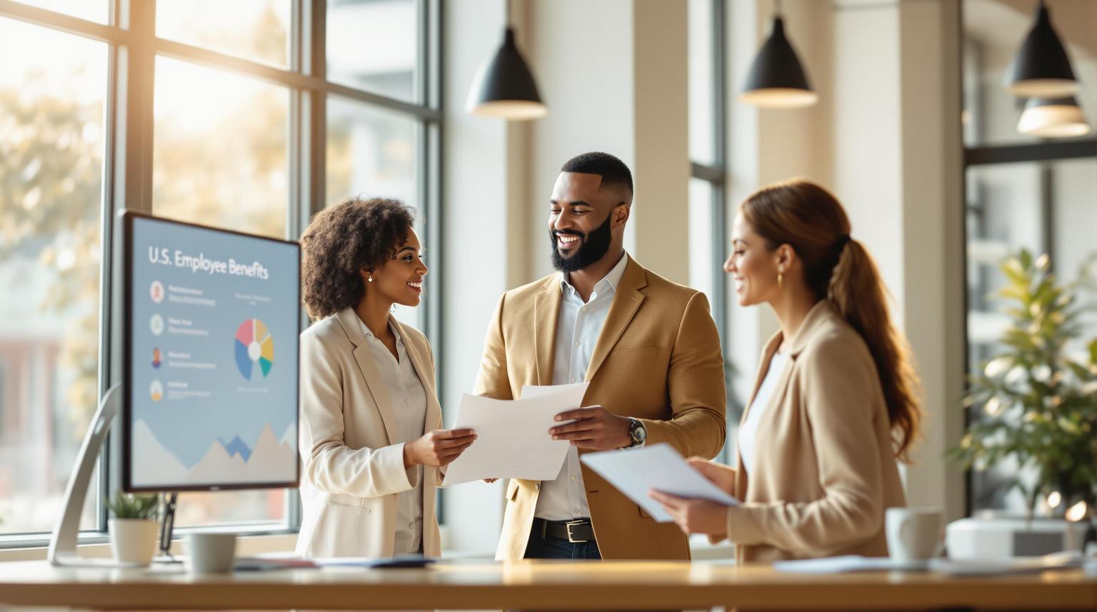 Three colleagues discussing an employee benefits presentation