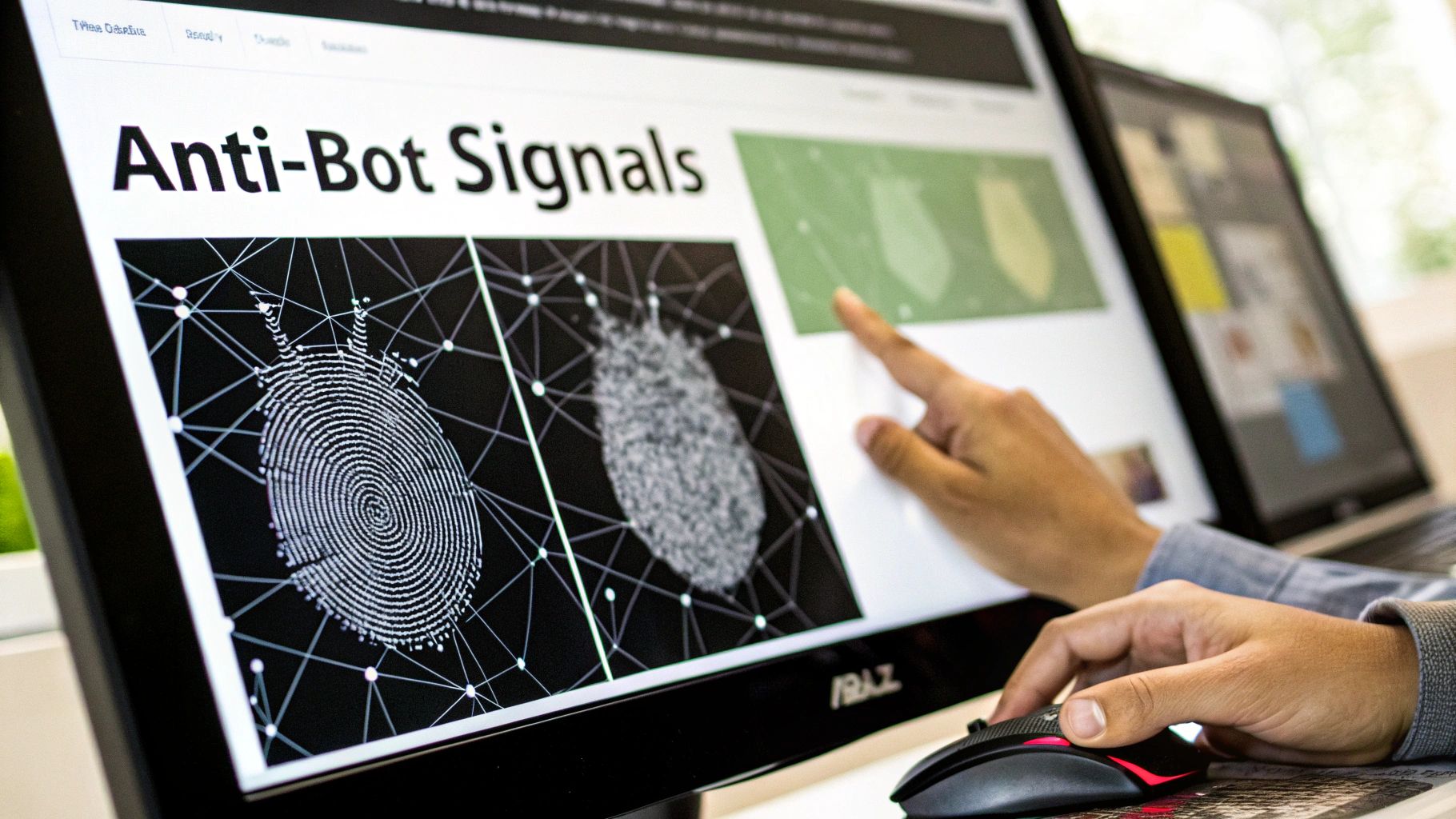 Person interacting with a computer screen displaying 'Anti-Bot Signals' and data visualization graphics.