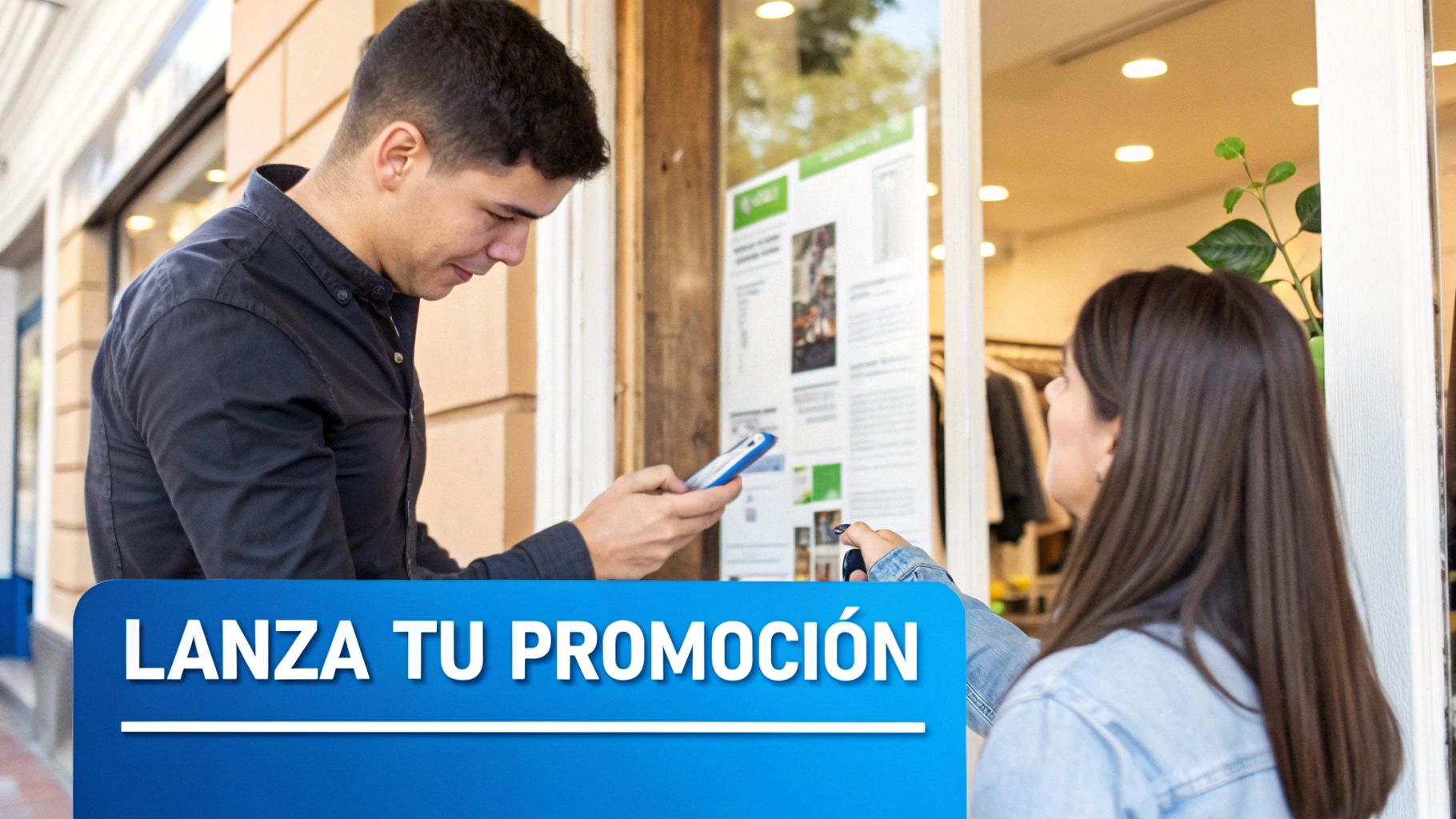 Hombre usando un teléfono móvil frente a un escaparate de tienda con una mujer, promocionando descuentos.