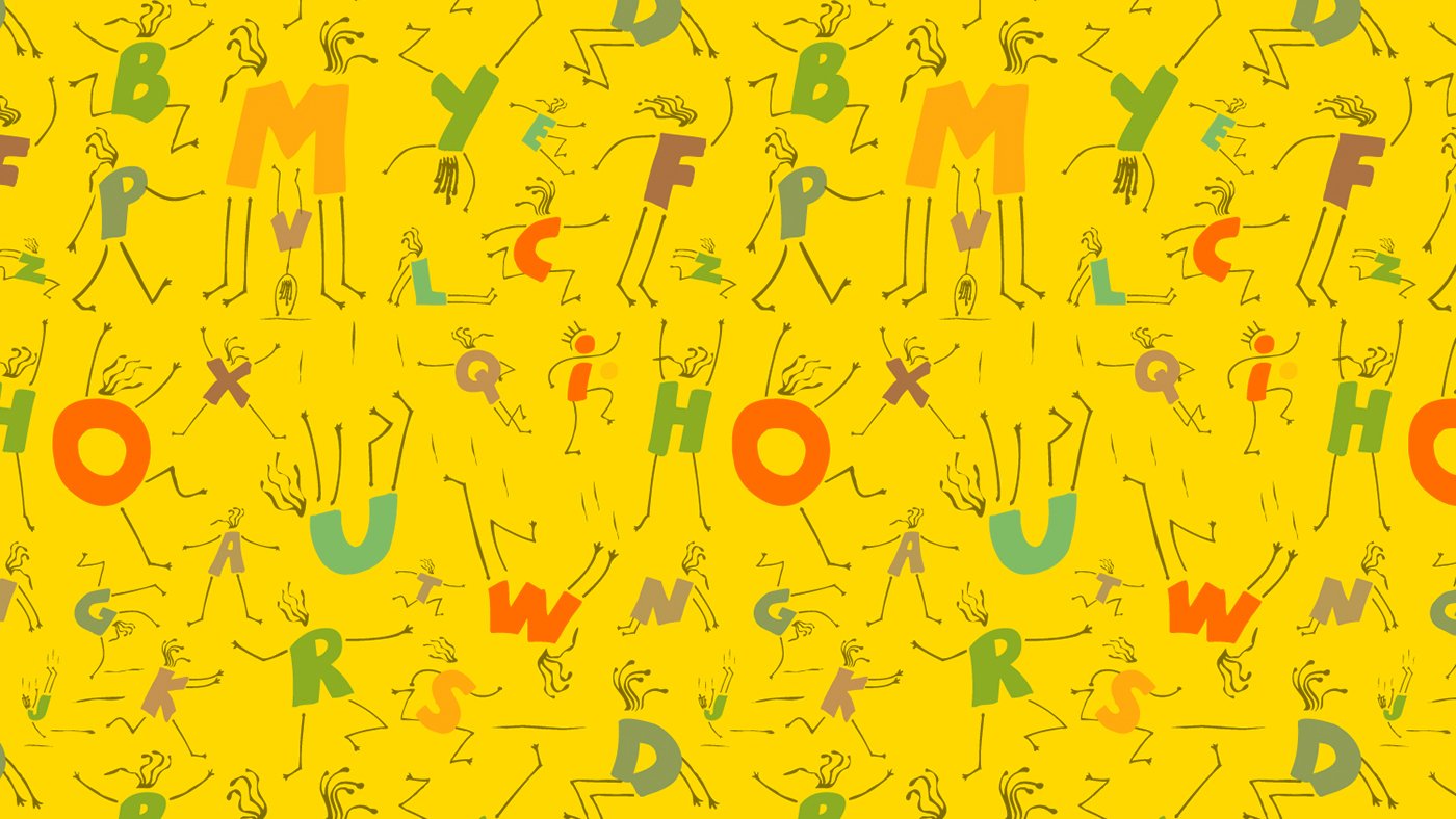 Colorful, stylized letters scattered on a bright yellow background, interspersed with abstract stick figures conveying a playful, energetic vibe.