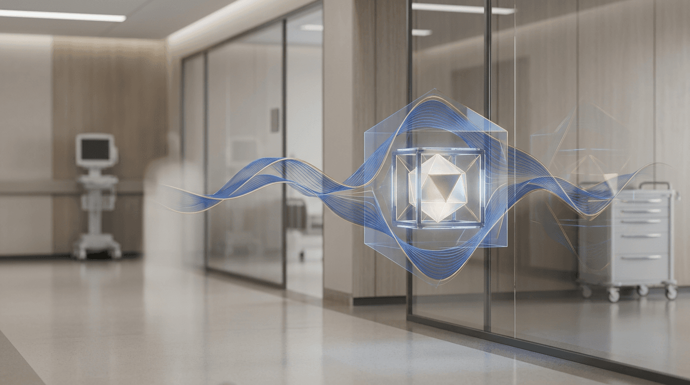 modern, pristine hospital corridor or clinical operations area (clean architecture, soft neutral materials, no readable signage).