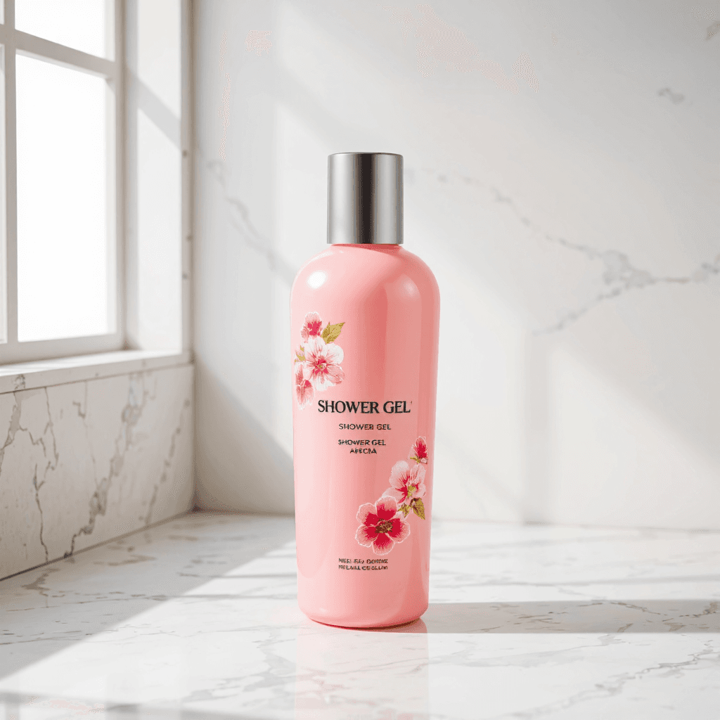 product photography of a bottle of shower gel