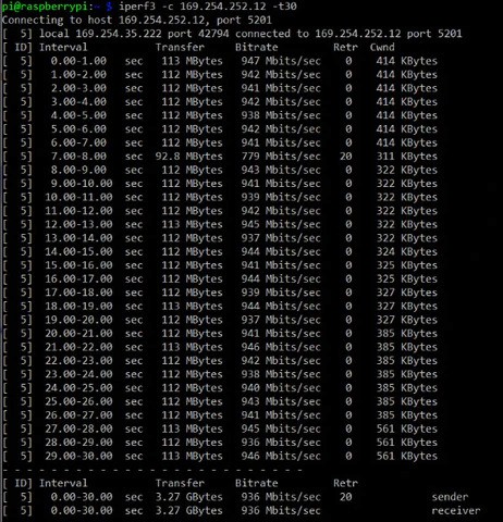 iPerf3 output over the 10-meter shielded pair: 936 Mbits/s average over 30 seconds