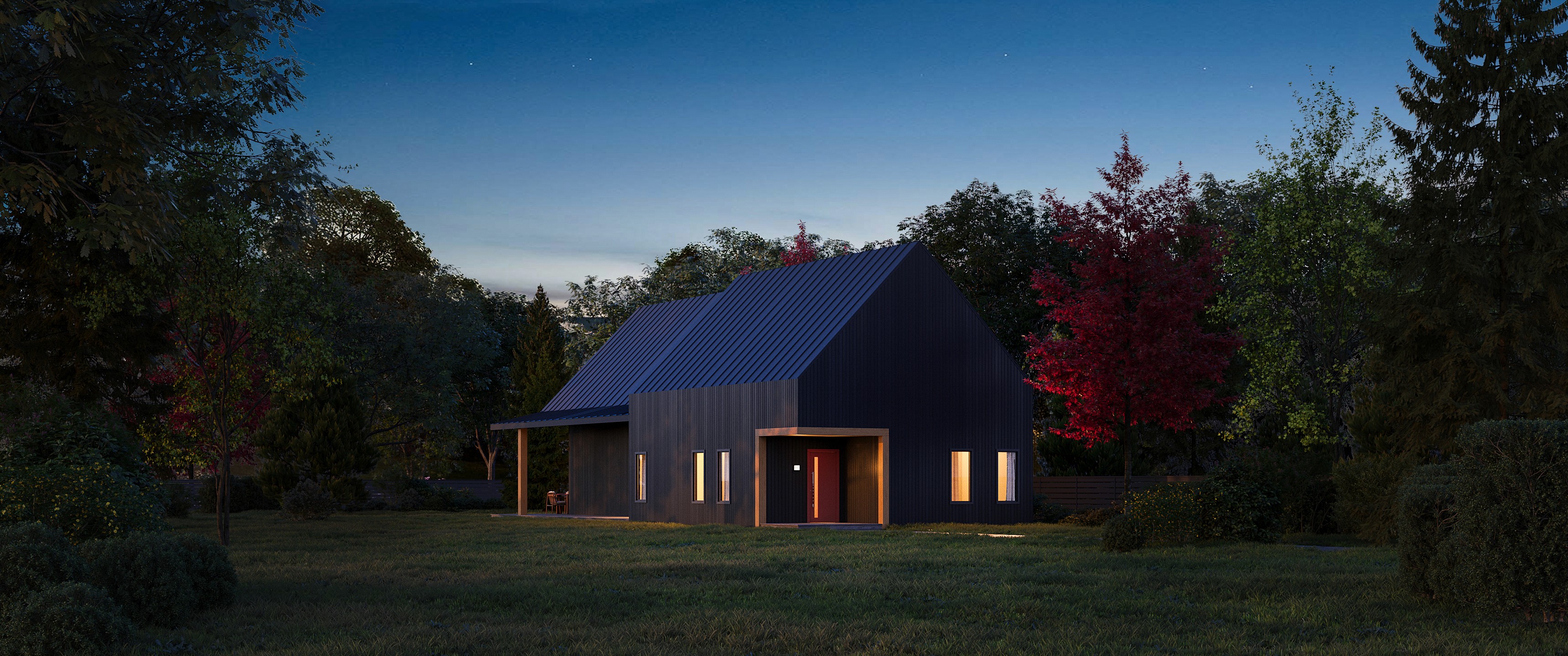 Modern black-clad house exterior with lush green landscaping, custom home design drafted by Mercer Design & Drafting, trusted Halifax architecture studio specializing in permit-ready residential plans for Nova Scotia homeowners.