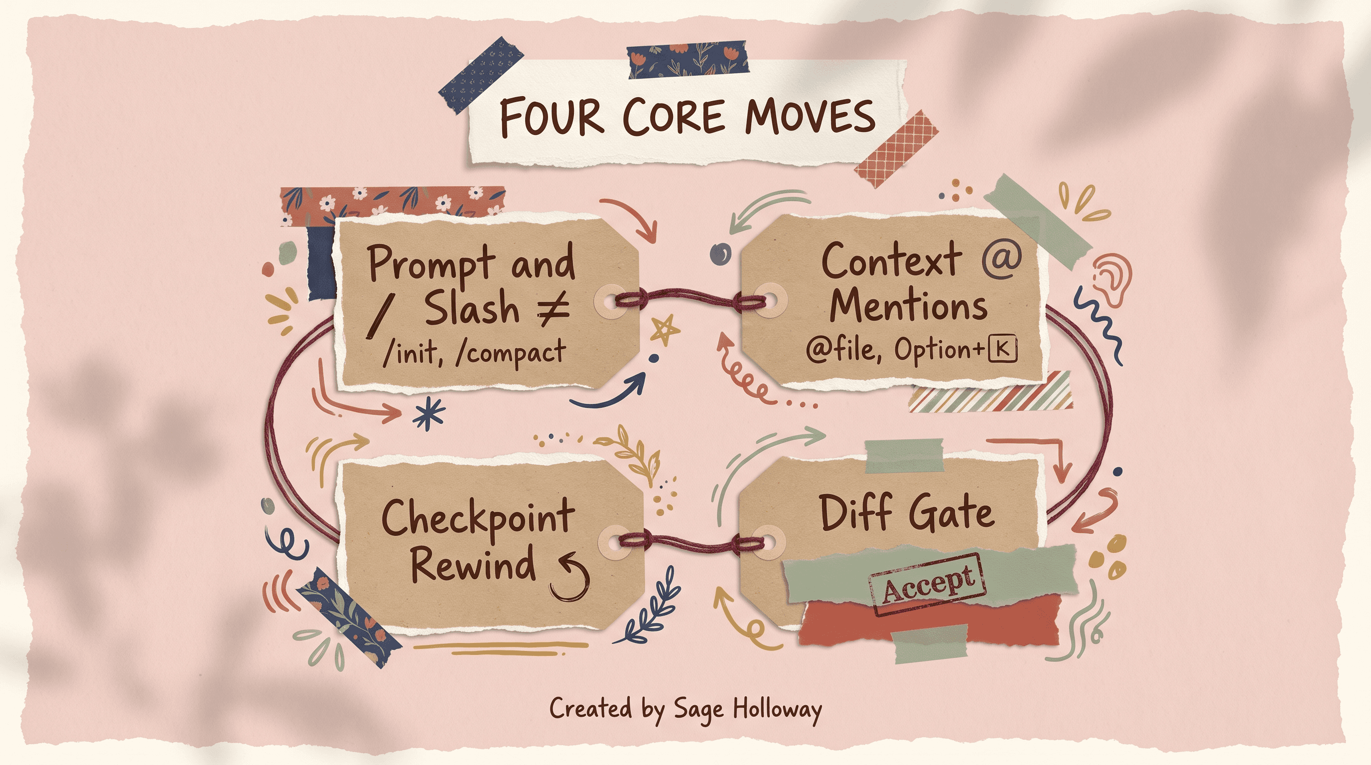 Scrapbook diagram of the Day-1 core interaction loop for Claude Code in VS Code