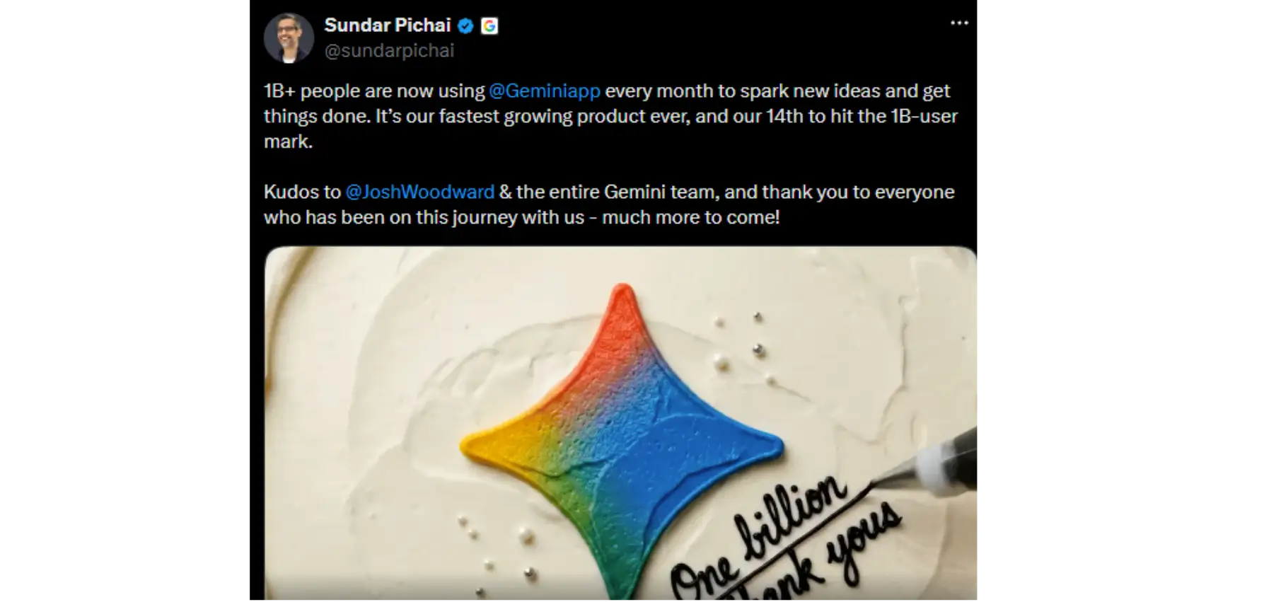 Sundar Pichai on Gemini milestone.
