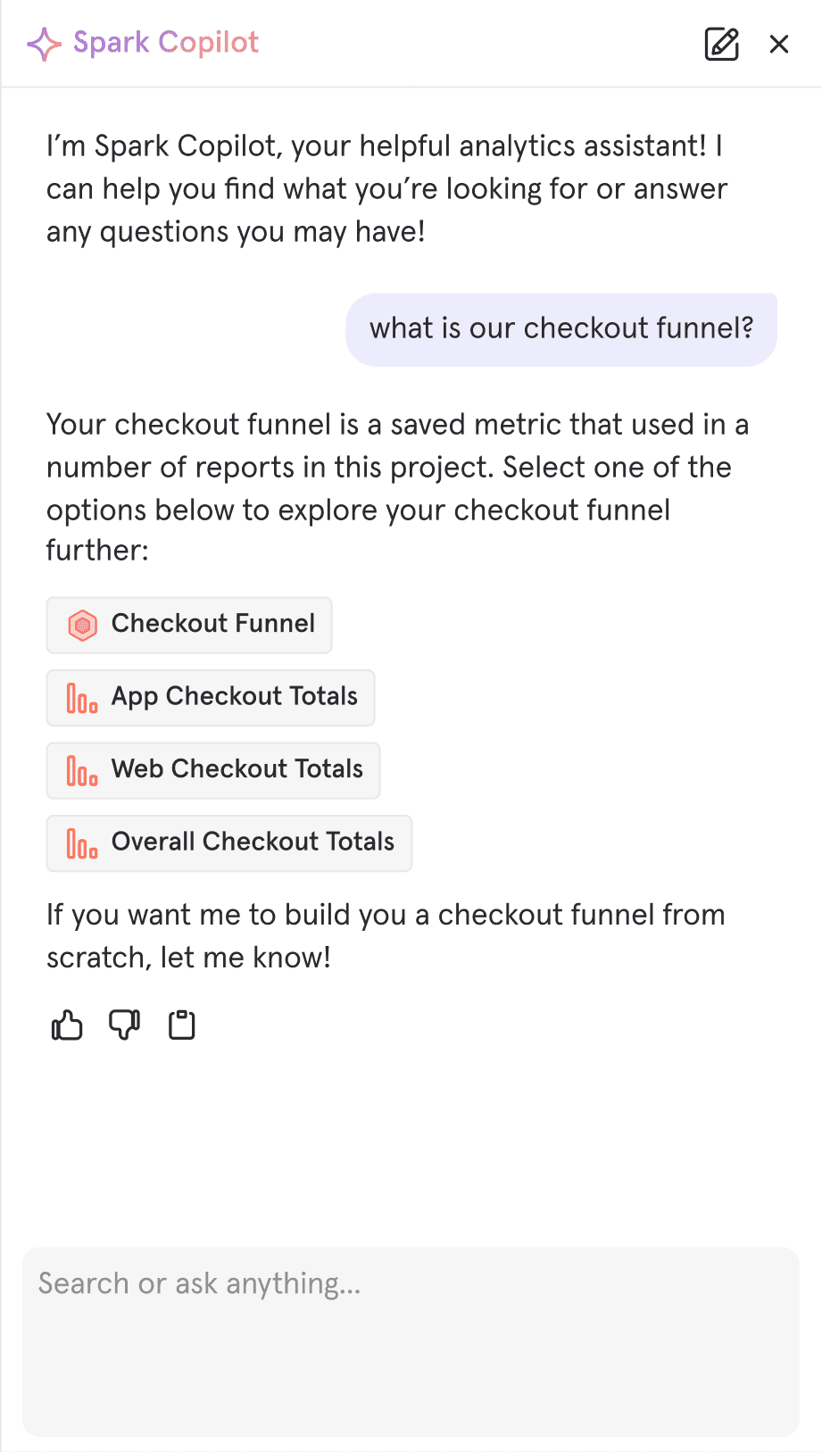 Spark Copilot chat window introducing itself as an analytics assistant, showing a user prompt about the checkout funnel and a response that explains the saved metric with buttons for Checkout Funnel, App Checkout Totals, Web Checkout Totals, and Overall Checkout Totals.