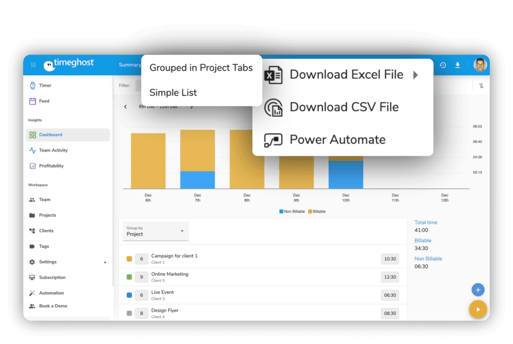 timeghost Export-Feature