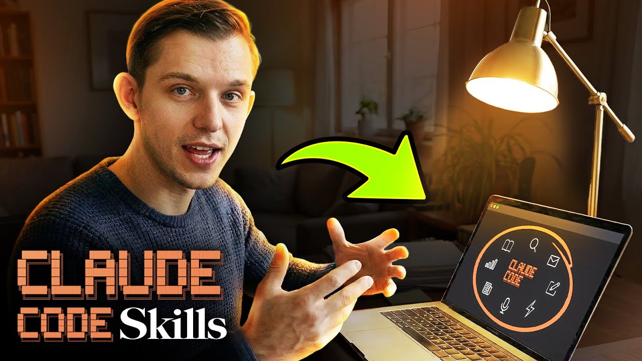 Riley Brown AI-style agent team thumbnail with green arrow and laptop skill wheel dashboard