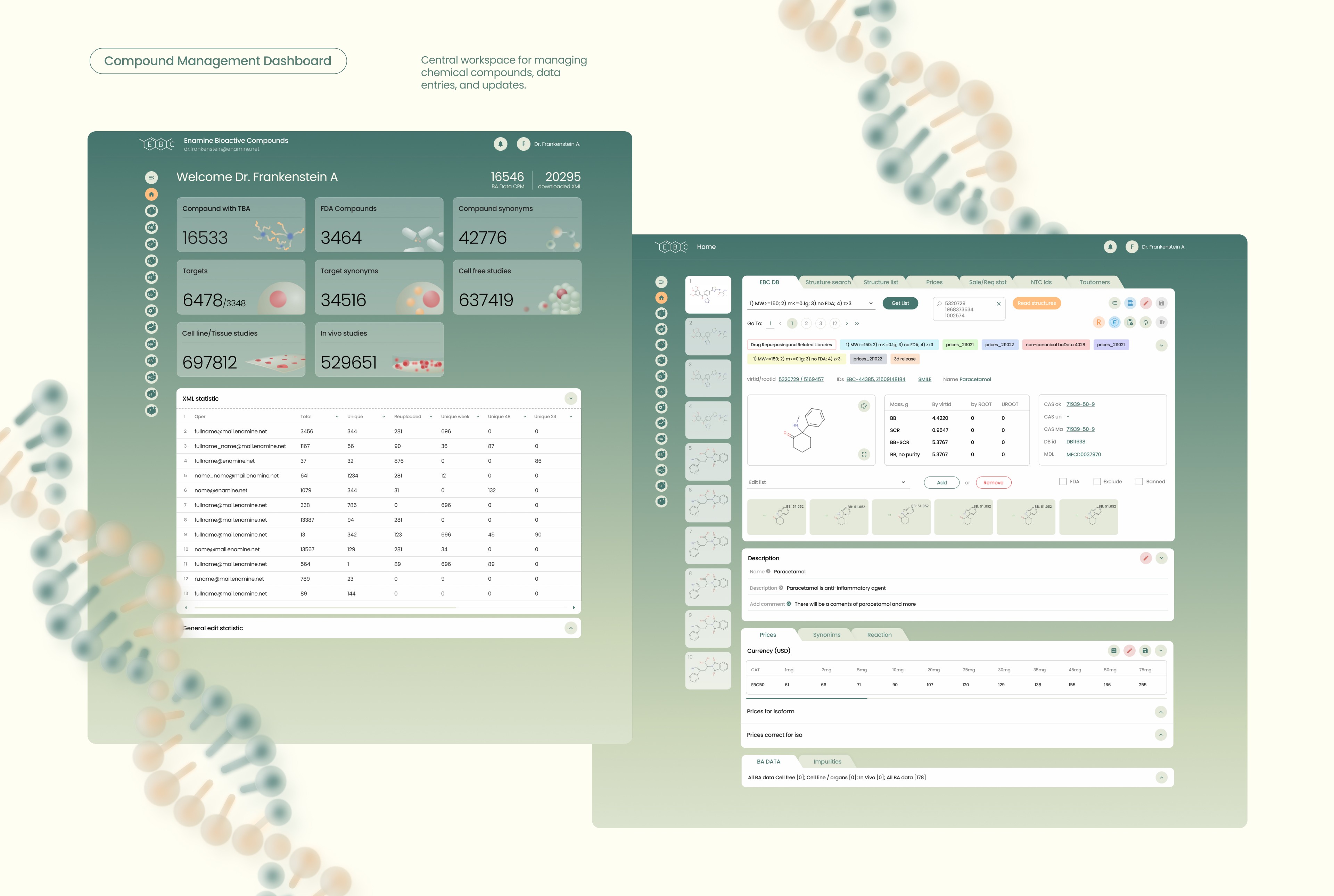 Internal SaaS dashboard for managing compound entries and scientific data tables.