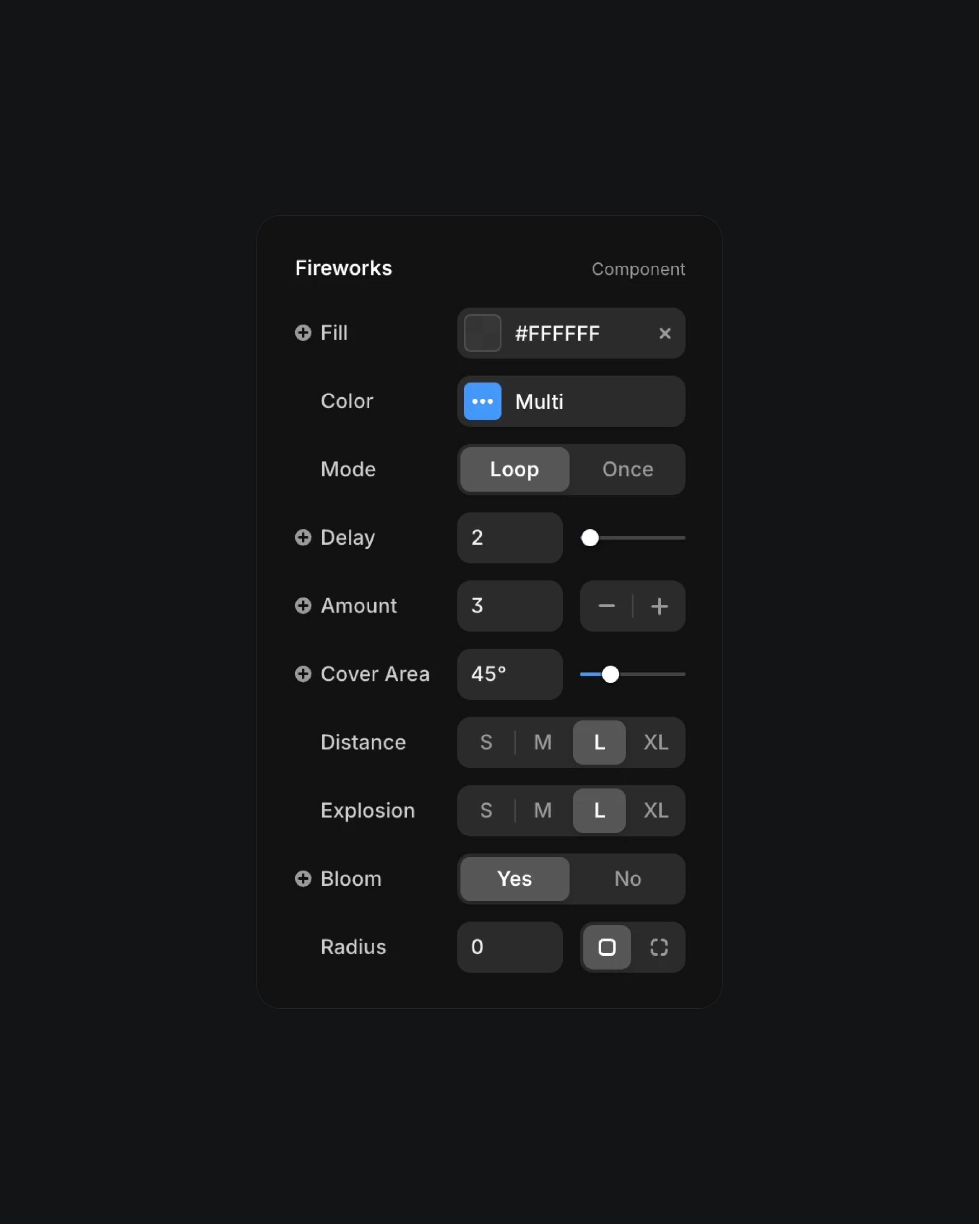 Framer fireworks component settings panel with customization controls