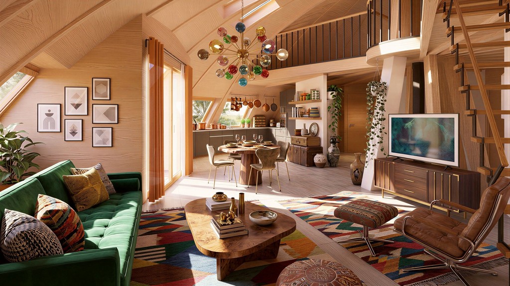 Grand séjour en bois avec canapé vert, lustre coloré et cuisine ouverte sur la pièce de vie