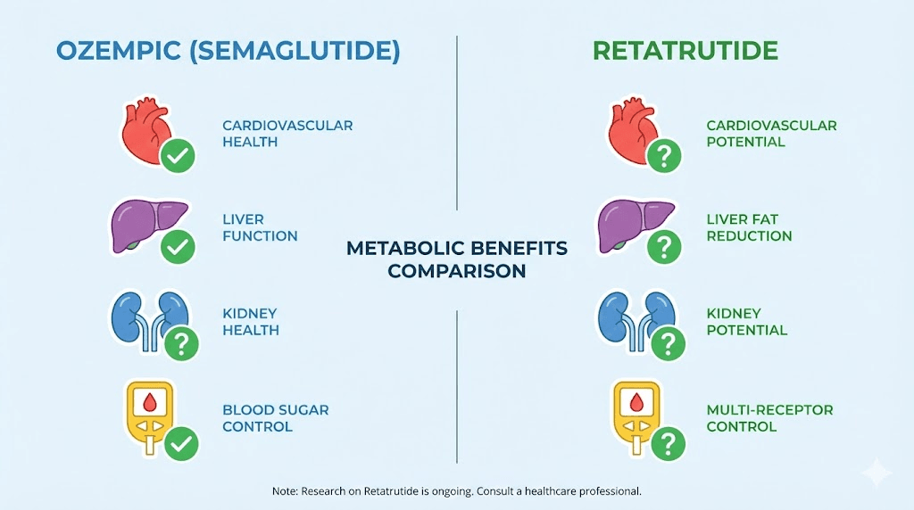 Ozempic vs retatrutide metabolic health benefits comparison infographic