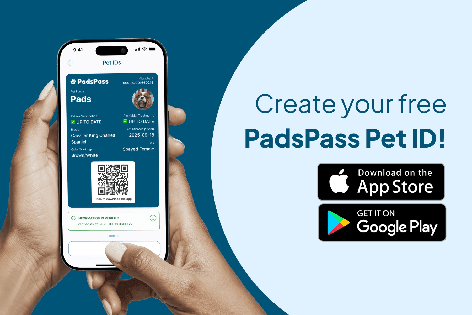 Invitation to create your free PadsPass Pet ID by downloading the app in the App Store or Google Play