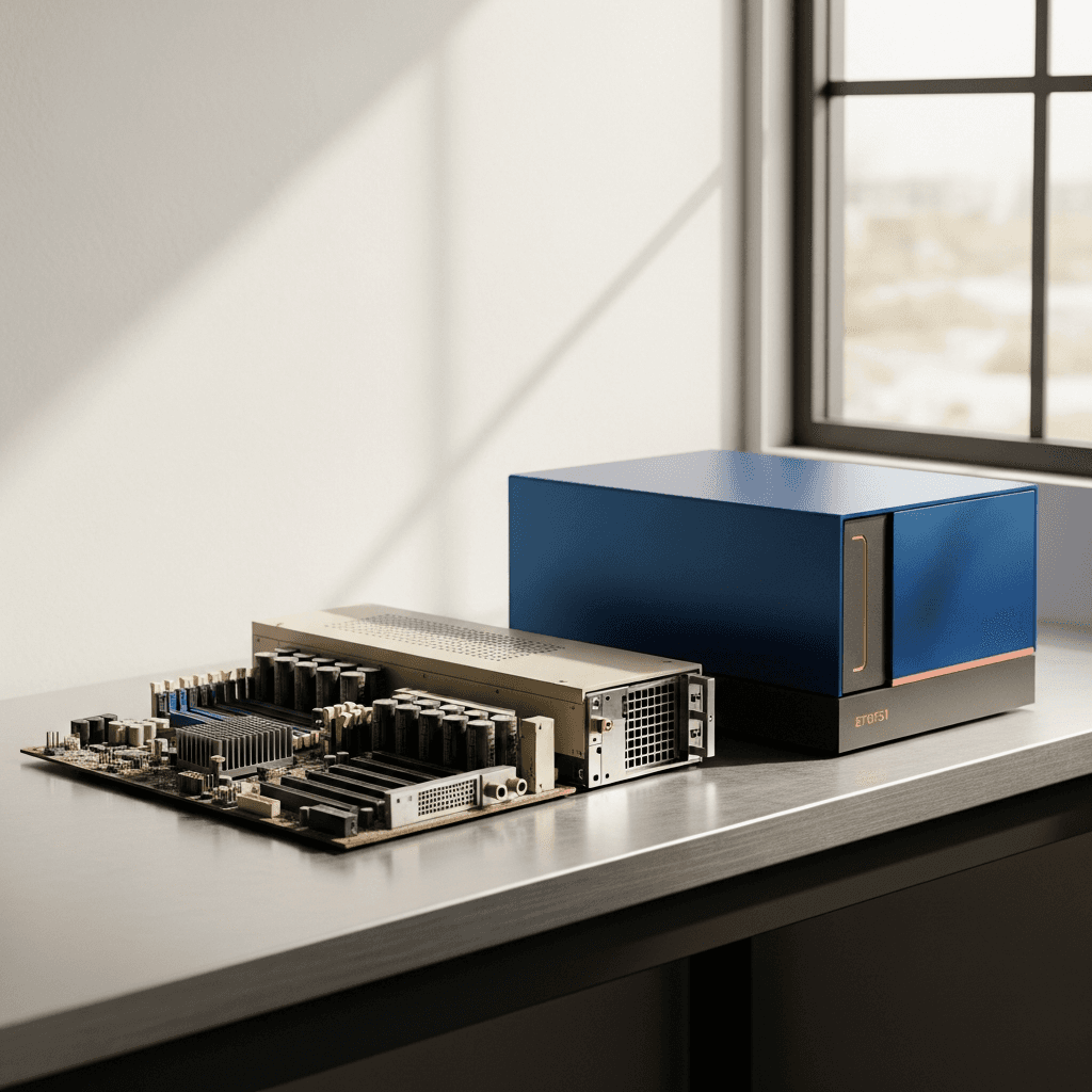 Editorial photograph of a clean, well-lit workshop. On a brushed steel workbench, a complex, older beige server motherboard with dusty capacitors sits next to a sleek, modern, custom-designed processing unit in brand color #1F3B5B. The focus is on the contrast between the old and new components, symbolizing technological evolution. Natural light streams in from a large window in the background, illuminating a wall in brand color #F5F2EC. Aspect ratio 16:9. The upper-left third of the image is a soft-focus background, providing ample room for text overlay. Photorealistic, minimal, and architectural aesthetic. No text, no logos, no watermarks.