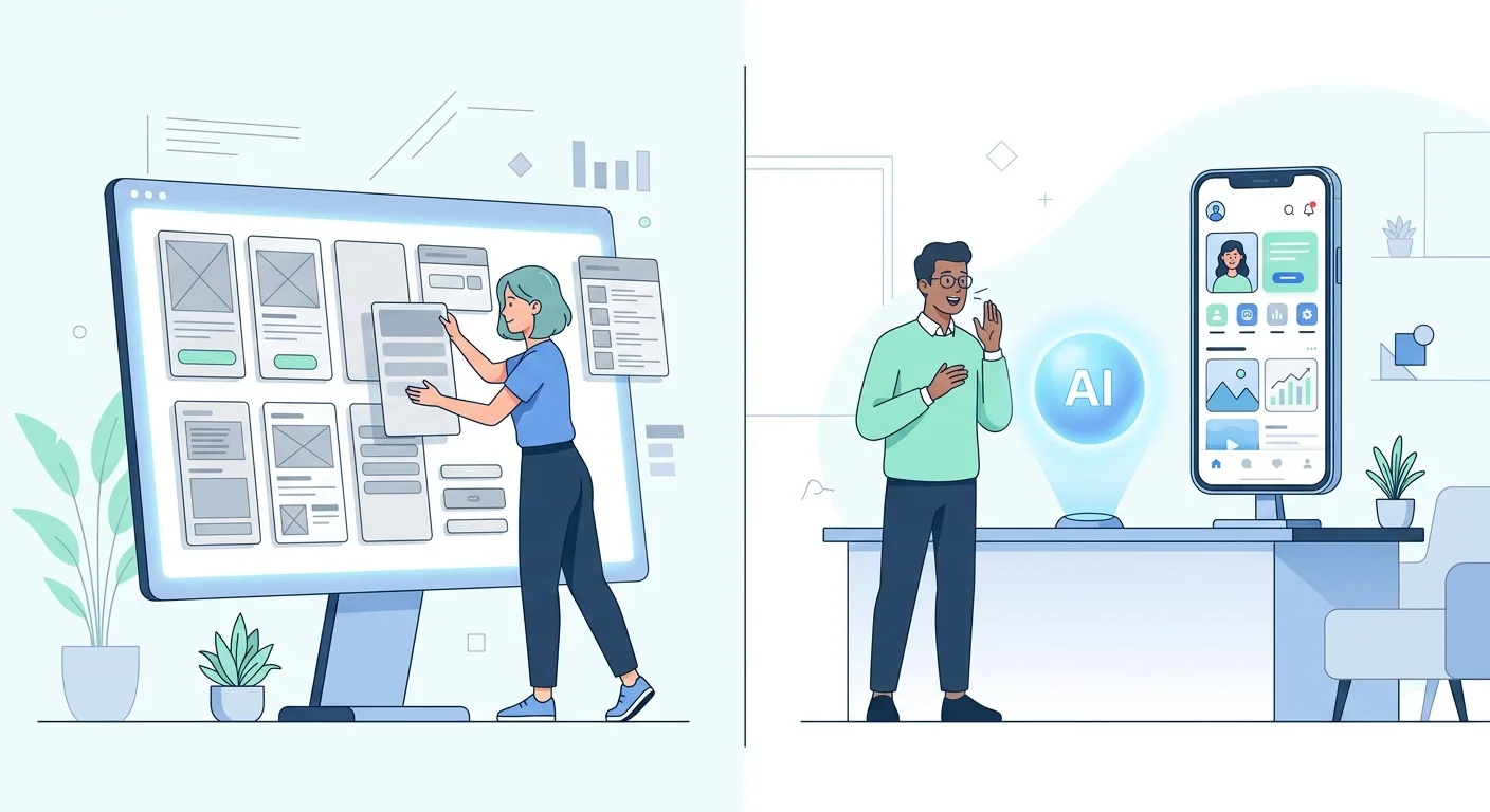 Canvas versus agent: assembling app screens by hand on a design canvas compared with describing an app to an AI agent