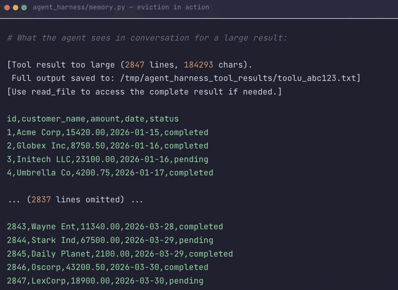 Python code showing the large-output eviction policy — successful outputs over a size threshold are spilled to a session directory and replaced with a digest; errors are never spilled