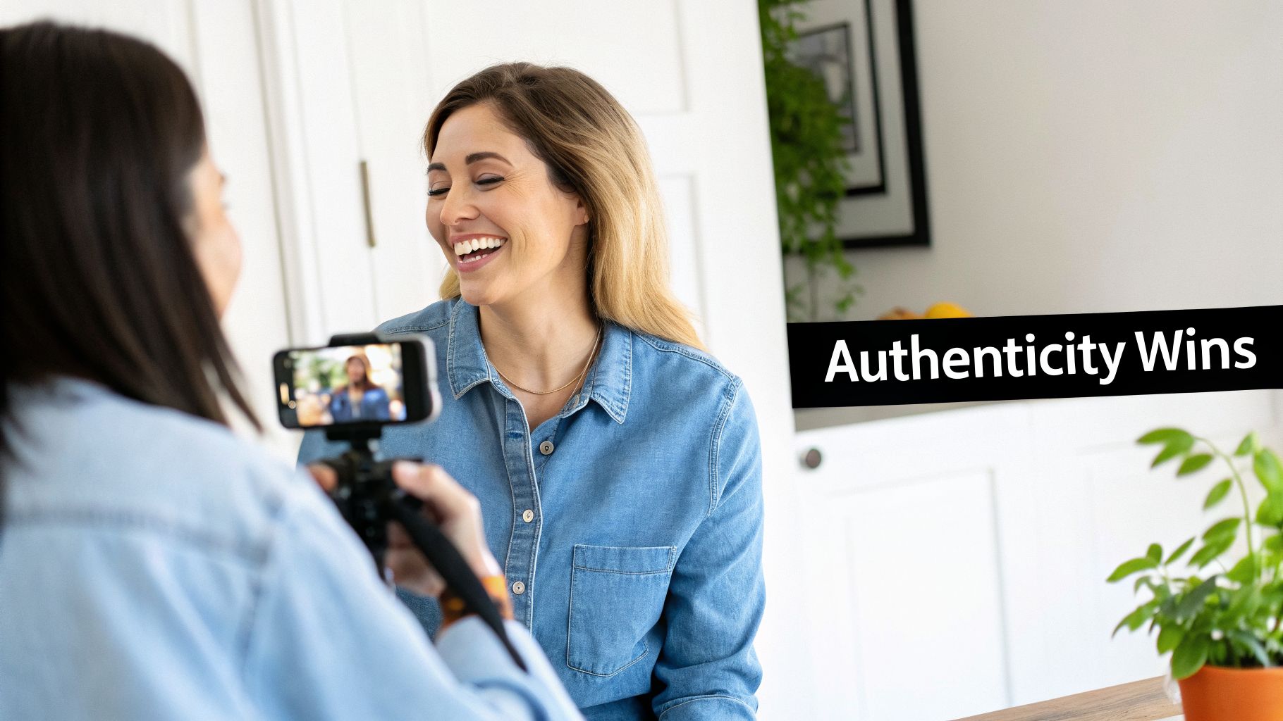 Two women creating user-generated video content, one laughing joyfully while being filmed, with 'Authenticity Wins' text.