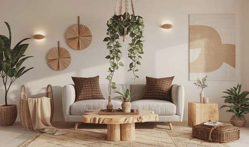 Modern living room as a Airbnb with neutral tones, wooden furniture, indoor plants, and warm natural lighting.