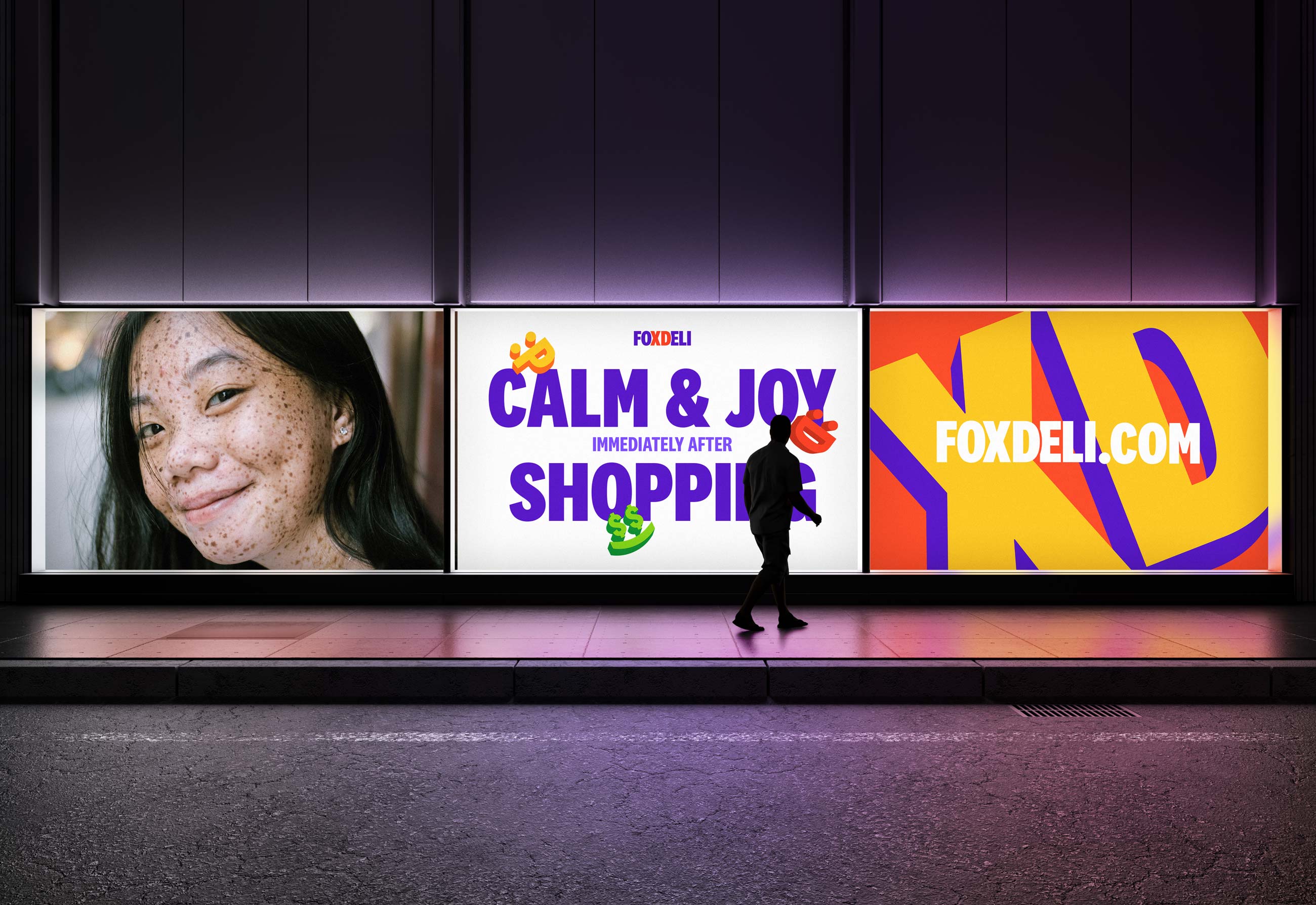 Foxdeli outdoor advertising campaign concept featuring a customer portrait, the "Calm & Joy immediately after shopping" claim, and the XD wordmark